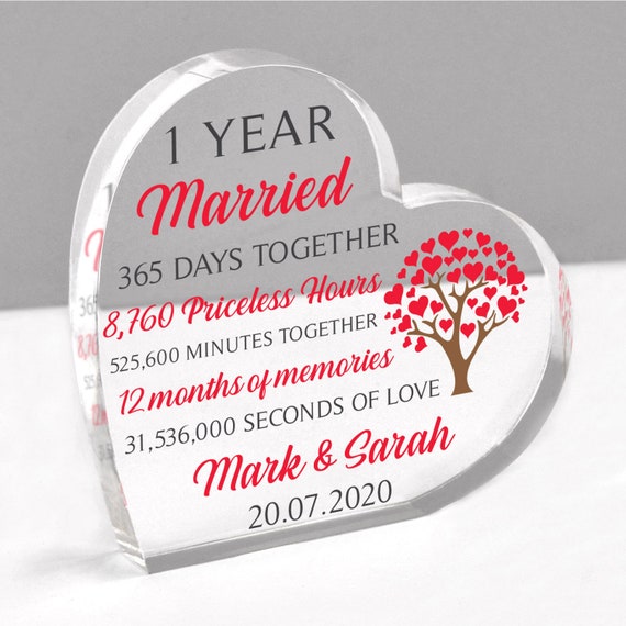 1st First Anniversary Gifts for Husband Wife, Personalised 1st Wedding  Anniversary Couple, One Year Married, Acrylic Heart With Grey Bag 