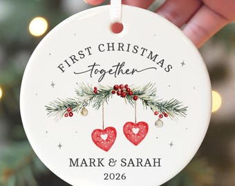 First Christmas Together Ornament, Personalised Couples Boyfriend Girlfriend Gift With Red Bag