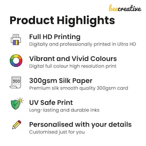 May include: An informational graphic titled Product Highlights by beecreative. It lists five features: Full HD Printing, Vibrant and Vivid Colours, 300gsm Silk Paper, UV Safe Print, and Personalised with your details, each with a small icon.
