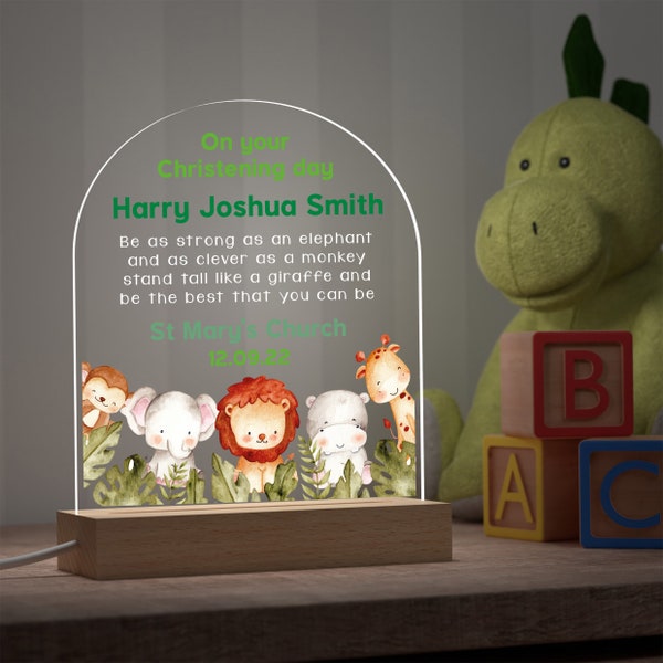 Personalised Christening Gift For Boys, Jungle Animal Christening Gift for Godson, Boys Christening, Jungle Nursery Night Light Decor