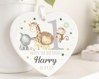 1st Birthday Gift For Boys | Personalised Jungle Animal Ceramic Ornament With Grey Bag