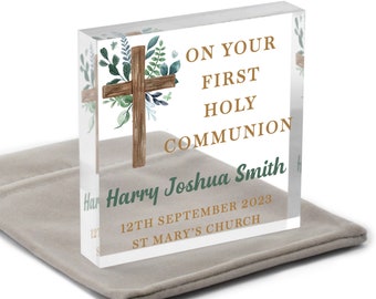 Holy Communion Gift For Boys, Girls - 1st Holy Communion Present - Communion Cross - Godson Gift - Goddaughter Gift - With Grey Bag