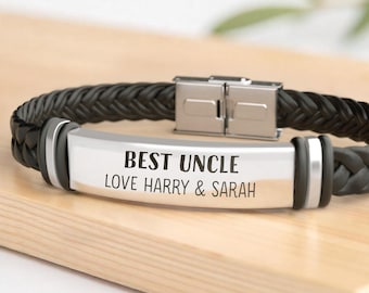 Personalised Uncle Gifts, Custom Leather and Silver Bracelet With Grey Bag
