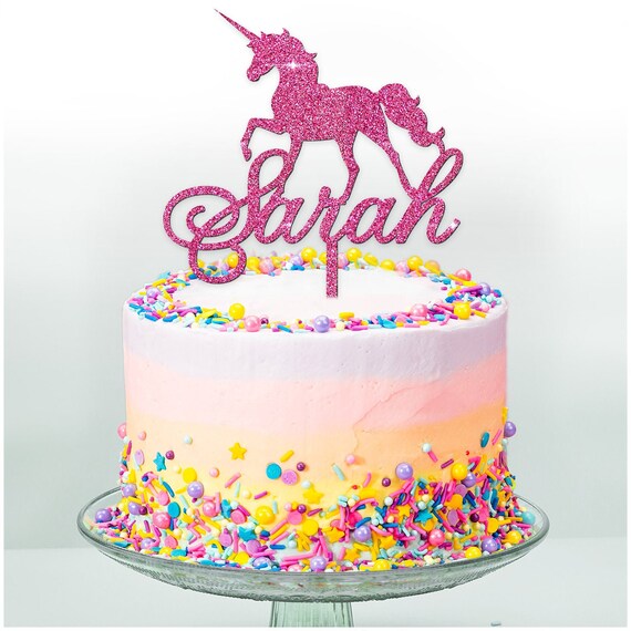 Personalised Glitter Unicorn Cake Topper Any Age Name Colour Double Sided Pretty