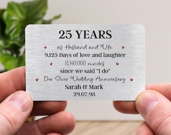 Personalised 25th Wedding Anniversary Gift, Silver Metal Wallet Card