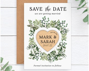 Wedding Save The Date Card Magnet Envelope - Personalised Rustic Wooden Heart Save The Date Magnets - Spring Summer Boho Save The Dates