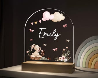 Regalos personalizados para bebé niña, lámpara de noche de conejito rosa para la habitación del bebé.