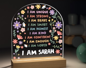 Personalised Girls Night Light, Floral Positive Affirmations LED Lamp
