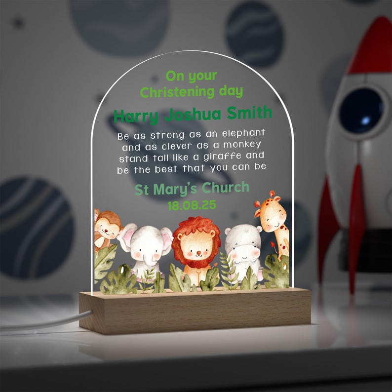 Personalised Christening Gifts For Boys, Jungle Nursery Night Light image 6