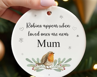 Robin Christmas Memorial Ornament, Personalised Remembrance Decoration With Red Bag