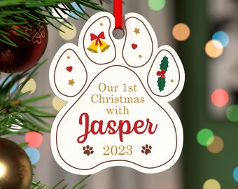 Our First Christmas With Dog Puppy Decoration - Personalised 1st First Christmas With Dog Puppy Ornament Bauble - Dog Lover With Red Bag