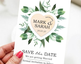 Wedding Save The Date Heart Magnets, Personalised Eucalyptus Wedding Stationery