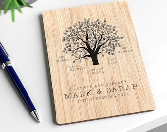 May include: A rectangular wooden plaque featuring a black graphic of a tree with leaves. Text includes 260 WEEKS, 60 MONTHS, 1,826 DAYS, 43,800 HOURS, 2,628,000 MINUTES, OUR 5TH ANNIVERSARY, MARK & SARAH, and 12TH SEPTEMBER 2021 printed in black.