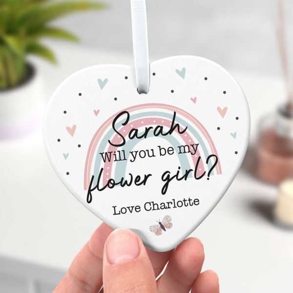 Personalised Will You Be My Flower Girl Gift, Flower Girl Proposal, Junior Bridesmaid, Ceramic Heart Keepsake, Rainbow, With Gift Bag