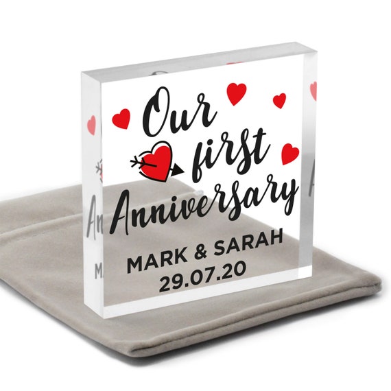 Our First Anniversary Gifts, 1st Anniversary Gifts for Husband Boyfriend,  Personalised 1st Wedding Anniversary, Clear Blocks With Grey Bag -   Israel