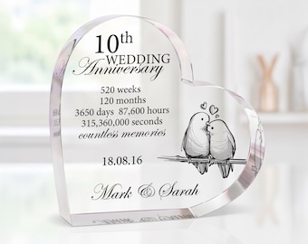 Personalised 10th Wedding Anniversary Gifts, Clear Acrylic Heart Ornament With Grey Bag