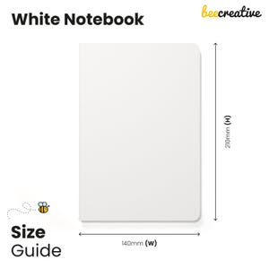 May include: A plain white notebook with rounded corners. The text "White Notebook" and "beecreative" appear at the top. A "Size Guide" label with a bee icon is at the bottom left. Dimensions are marked as 210mm in height and 140mm in width.