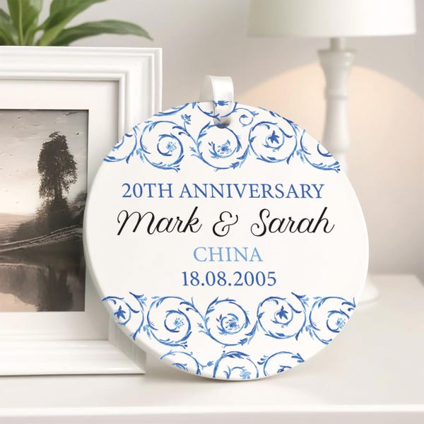 Personalised 20th Wedding Anniversary Gifts, Ceramic Hanging Ornament With Gift Bag