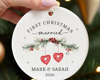 First Christmas Married 2026 Ornament, Personalised New Mr & Mrs Bauble With Red Bag