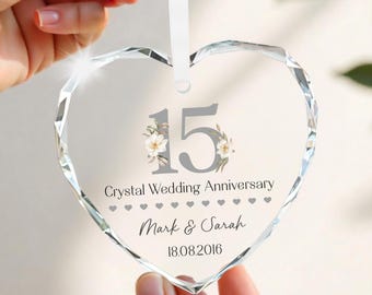 Personalised 15th Wedding Anniversary Gifts, Crystal Heart Hanging Ornament With Gift Bag