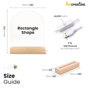 May include: A clear acrylic rectangle shape lamp with a wooden base, measuring 120mm wide and 145mm high. It features an on/off switch and is USB powered. The base is 33mm deep and 16mm high. The text "Rectangle Shape" is visible.