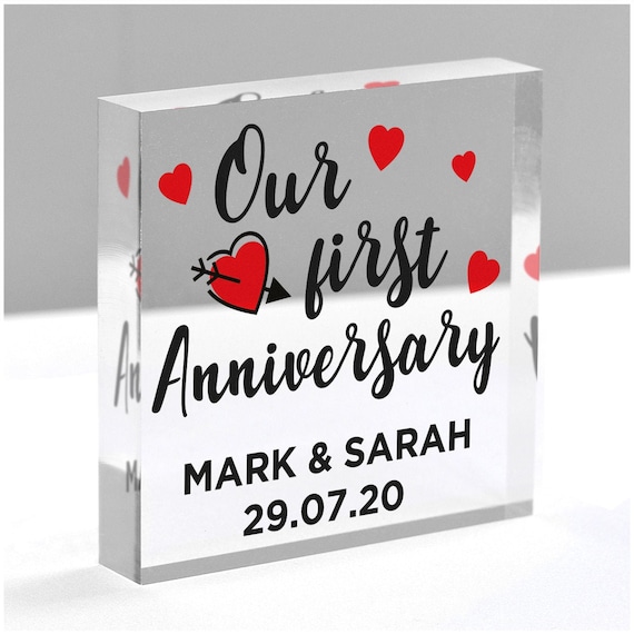 Our First Anniversary Gifts, 1st Anniversary Gifts for Husband Boyfriend,  Personalised 1st Wedding Anniversary, Clear Blocks With Grey Bag 