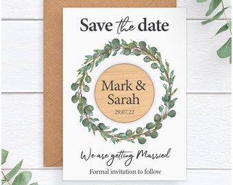 Wreath Save The Date Card Magnet Envelope - Personalised Rustic Wooden Save The Date Fridge Magnets - Spring Summer Boho Save The Dates