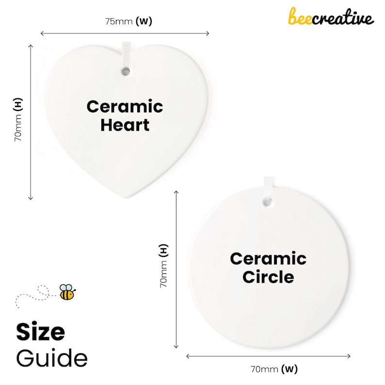 Puede incluir: Adornos de cer&aacute;mica blancos en forma de coraz&oacute;n y c&iacute;rculo con el texto "Ceramic Heart" y "Ceramic Circle". El coraz&oacute;n mide 70 mm de alto y 75 mm de ancho. El c&iacute;rculo tiene 70 mm de di&aacute;metro. Incluye gu&iacute;a de tallas.