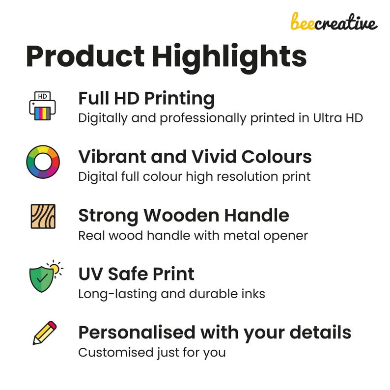 Puede incluir: Gr&aacute;fico blanco con el texto "Product Highlights" e iconos que describen las caracter&iacute;sticas del producto. Las caracter&iacute;sticas incluyen impresi&oacute;n Full HD, colores vibrantes, un mango de madera resistente, impresi&oacute;n resistente a los rayos UV y detalles personalizados.
