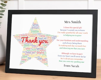 Personalised Thank You Teacher Gifts, A5 A4 Star Poem Print Wooden Frame