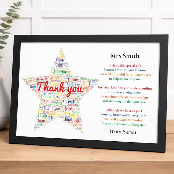 Personalised Thank You Teacher Gifts, A5 A4 Star Poem Print Wooden Frame