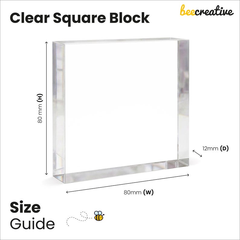 May include: A clear square block with dimensions of 80 mm (3.15 inches) high, 80 mm (3.15 inches) wide, and 12 mm (0.47 inches) deep. The text "Clear Square Block" is at the top, with "Size Guide" at the bottom.