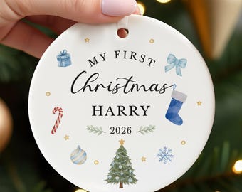 Personalised Baby's First Christmas Ornament, Baby Boy 1st Xmas Bauble With Red Bag