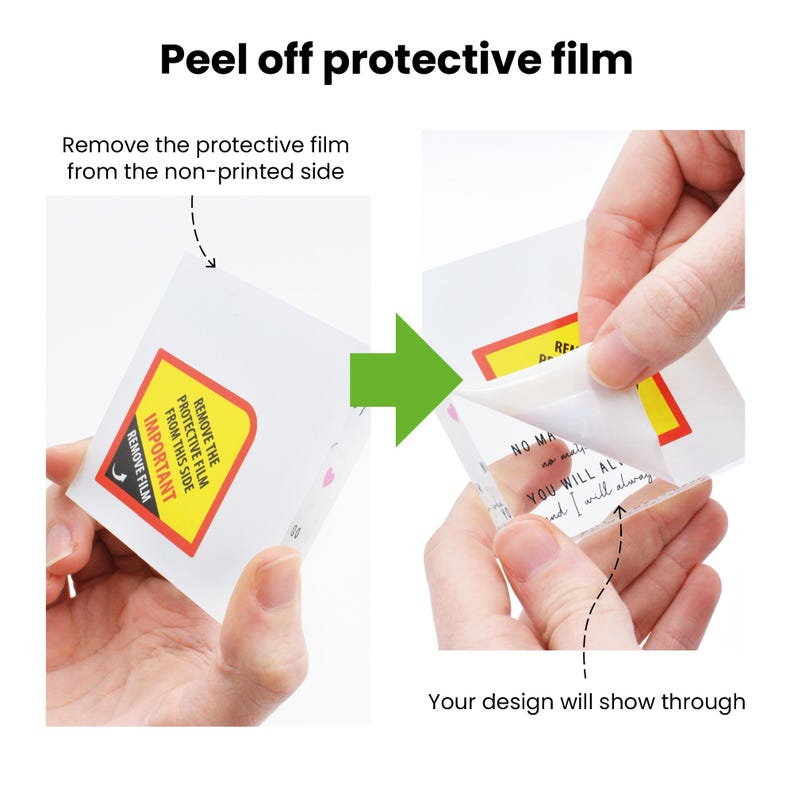 Puede incluir: Imagen que muestra el proceso de quitar una pel&iacute;cula protectora de un producto cuadrado transparente. El texto en el producto dice "REMOVE FILM IMPORTANT FROM THIS SIDE PROTECTIVE FILM". El texto "Your design will show through" tambi&eacute;n es visible.