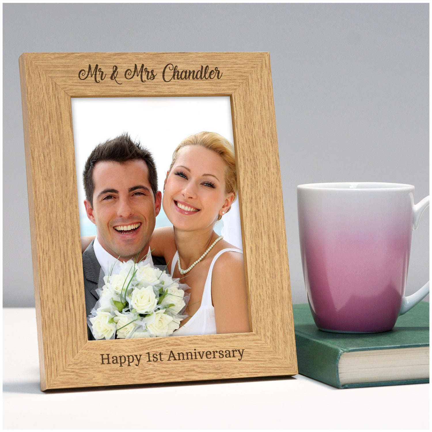 First Anniversary Frame, Personalised Mr and Mrs Wooden Photo
