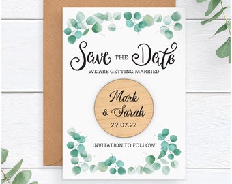 Wedding Save The Date Card Magnet - Personalised Wooden Save The Date Fridge Magnets - Eucalyptus Boho Vintage Spring Summer Wedding Ideas