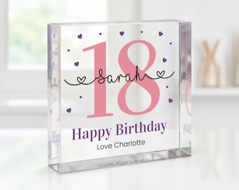 Personalised 18th Birthday Gifts For Girls, Custom Clear Acrylic Keepsake, With Grey Bag