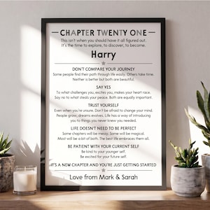 May include: A framed wall art print with a white background and black text titled CHAPTER TWENTY ONE. The text offers advice to Harry, including sections on comparing journeys, saying yes, trusting yourself, and being patient with your current self.