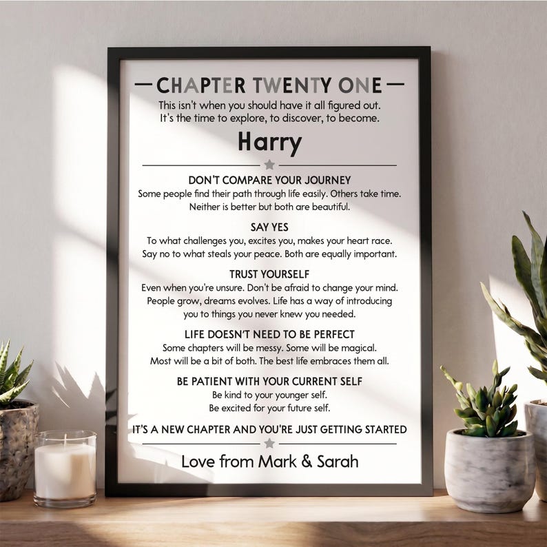 May include: A framed wall art print with a white background and black text titled CHAPTER TWENTY ONE. The text offers advice to Harry, including sections on comparing journeys, saying yes, trusting yourself, and being patient with your current self.