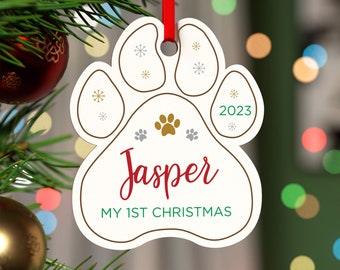 Puppy Dog First Christmas Decoration - Personalised 1st First Christmas With Dog Puppy Ornament Bauble - Dog Pet Lover Gifts - With Red Bag