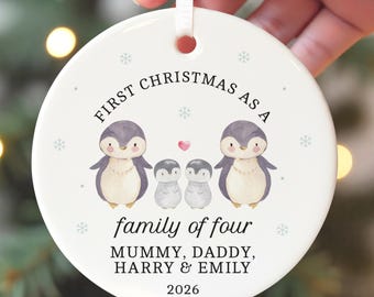 First Christmas As Family of 4 Four Ornament, Personalised New Baby With Red Bag