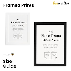 May include: A white A5 photo frame measuring 148 x 210 mm and a black A4 photo frame measuring 210 x 297 mm. Both frames feature text instructions to remove protective film from the acrylic insert. The beecreative logo and size guide text appear.