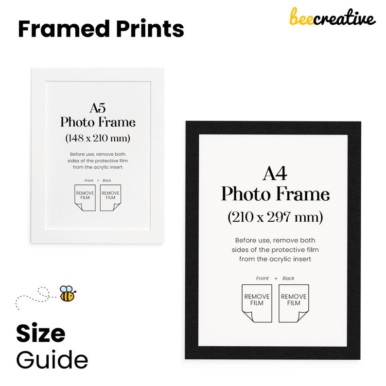 May include: A white A5 photo frame measuring 148 x 210 mm and a black A4 photo frame measuring 210 x 297 mm. Both frames feature text instructions to remove protective film from the acrylic insert. The beecreative logo and size guide text appear.