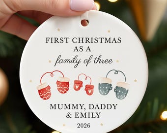 First Christmas As A Family of 3 Ornament, Personalised Baby's 1st Xmas Bauble With Red Bag