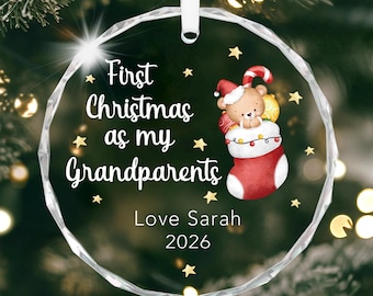 First Christmas As Grandparents Ornament; Personalised Nanny and Grandad Bauble With Gift Bag