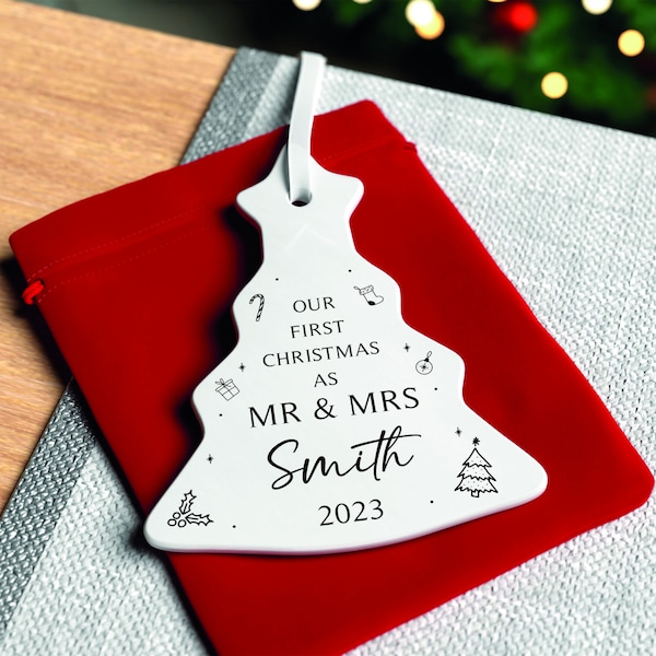 First Christmas Mr and Mrs Decoration | 1st Christmas Mr & Mrs | Mr and Mrs First Christmas | Married Ceramic Christmas Tree With Red Bag