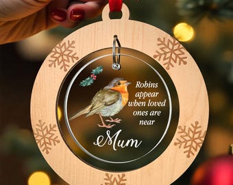 Christmas Memorial Robin Ornament, Personalised Remembrance Bauble With Red Bag