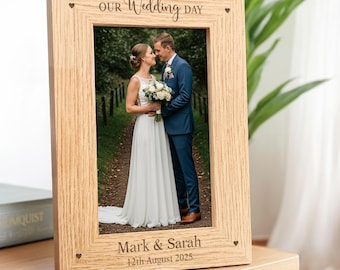Wedding Photo Frame 6x4 7x5, Personalised Wedding Gift, Our Wedding Day, Newly Married Couple, Bride and Groom, Engraved Wooden Frame
