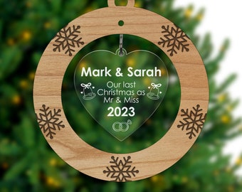 Our Last Christmas as Mr and Miss Decoration - Personalised Engaged Couples Gifts - Gifts for Fiance - Christmas Engagement  - With Red Bag