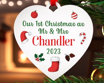 1st Christmas As Mr and Mrs Husband and Wife Decoration - Personalised First Christmas as Mr & Mrs Ornament - Mr and Mrs Bauble With Red Bag